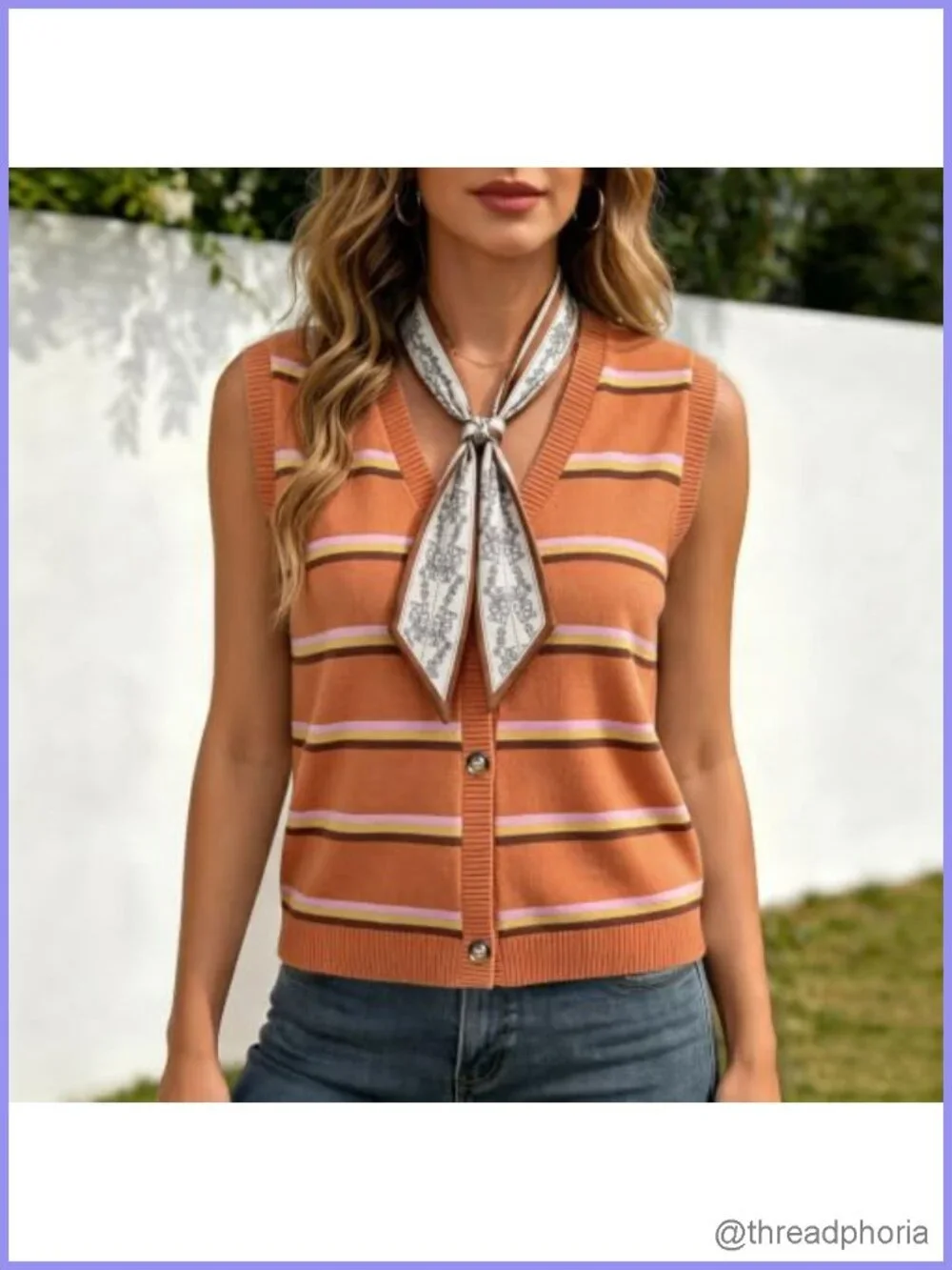 Striped Knit Sleeveless Sweater Vest with Satin Scarf - Polyester Blend,
